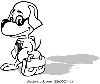 Drawing of a Doggy with a School Briefcase and a Book under his Arm - Cartoon Illustration Isolated on White Background, Vector