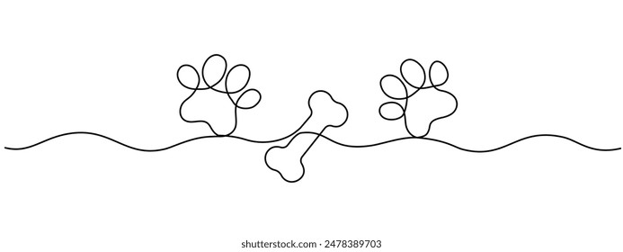 Drawing of a dog's paw and bone with a continuous line. Paw print with bone with one editable line. Vector illustration.