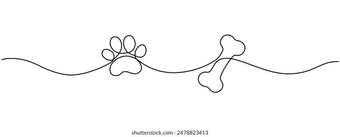 Drawing of a dog's paw and bone with a continuous line. Paw print with bone with one editable line. Cute Print for design . Vector illustration.