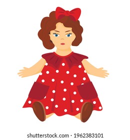 Drawing Of A Doll In A Red Dress And With A Bow In Her Hair. Vector Illustration Of A Children's Toy For Girls.