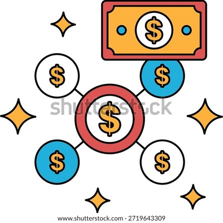 A drawing of a dollar bill with a bunch of coins around it. The coins are all different sizes and are scattered around the dollar bill. The drawing conveys the idea of wealth and abundance