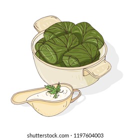 Drawing of dolma in bowl and sauce in gravy boat. Tasty Georgian meal made of grape leaves stuffed with minced meat. Traditional Caucasian food. Colorful vector illustration in vintage style.