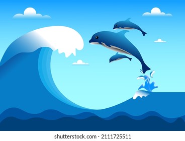 drawing dolphin fish and wave ocean happy jumping with wave  vector illustration