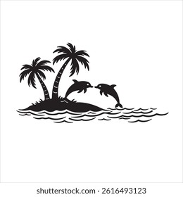 Drawing of dolphins and palm trees silhouette