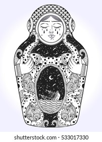 The drawing is done in stylization of a nesting doll. The matrioshka doll in a diving-dress has octopus on her body.Octopus is holding a sinking ship in his tentacles. Boho, tattoo art, poster design.