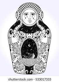The drawing is done in stylization of a nesting doll. The matrioshka doll in a diving-dress has octopus on her body.Octopus is holding a sinking ship in his tentacles. Boho, tattoo art, poster design.