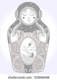 The drawing is done in stylization of a nesting doll. The matrioshka doll in a diving-dress has octopus on her body.Octopus is holding a sinking ship in his tentacles. Boho, tattoo art, poster design.