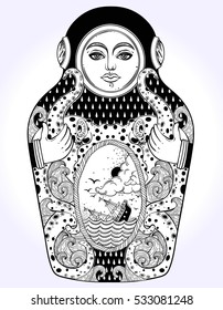 The drawing is done in stylization of a nesting doll. The matrioshka doll in a diving-dress has octopus on her body.Octopus is holding a sinking ship in his tentacles. Boho, tattoo art, poster design.
