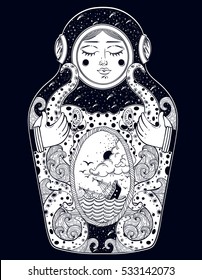 The drawing is done in stylization of a nesting doll. The matrioshka doll in a diving-dress has octopus on her body.Octopus is holding a sinking ship in his tentacles. Boho, tattoo art, poster design.