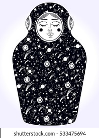 The drawing is done in stylization of a nesting doll. The matrioshka doll in a diving-dress has outer space on her body. Boho, tattoo art, poster design, T-shirt print, coloring book. Vector Isolated.