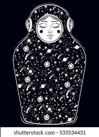 The drawing is done in stylization of a nesting doll. The matrioshka doll in a diving-dress has outer space on her body. Boho, tattoo art, poster design, T-shirt print, coloring book. Vector Isolated.