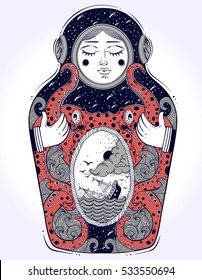 The drawing is done in stylization of a nesting doll. The matrioshka doll in a diving-dress has outer space on her body. Boho, tattoo art, poster design, T-shirt print, coloring book. Vector Isolated.