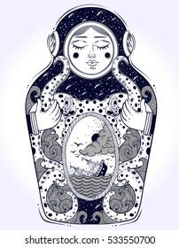 The drawing is done in stylization of a nesting doll. The matrioshka doll in a diving-dress has outer space on her body. Boho, tattoo art, poster design, T-shirt print, coloring book. Vector Isolated.