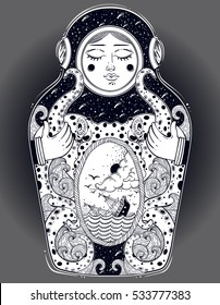 The drawing is done in stylization of a nesting doll. The matrioshka doll in a diving-dress has octopus on her body.Octopus is holding a sinking ship in his tentacles. Boho, tattoo art, poster design.