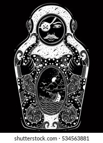 The drawing is done in stylization of a nesting doll. The matrioshka doll in a diving-dress has octopus on her body.Octopus is holding a sinking ship in his tentacles. Boho, tattoo art, poster design.