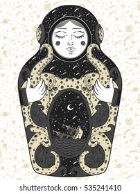 The drawing is done in stylization of a nesting doll. The matrioshka doll in a diving-dress has octopus on her body.Octopus is holding a sinking ship in his tentacles. Boho, tattoo art, poster design.