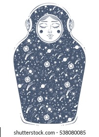 The drawing is done in stylization of a nesting doll. The matrioshka doll in a diving-dress has outer space on her body. Boho, tattoo art, poster design, T-shirt print, coloring book. Vector Isolated.