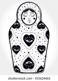 The drawing is done in stylization of a nesting doll. The matrioshka doll has pattern of the All-seeing eye on her body. Boho, tattoo art, poster design,chemistry, science, magic. Vector Isolated.