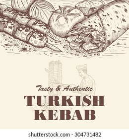 Drawing of doner kebab and shish kebabs with chef slicing meat for kebab as a background