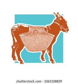 Drawing of donkey with carrying luggage - side view. 
Cute illustration of farm animal with basket on the back. Vector image.