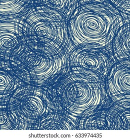 Drawing Doodle. Abstract seamless pattern for denim. Sketch art. The effect of Shibori silk. Scribble ink pen.