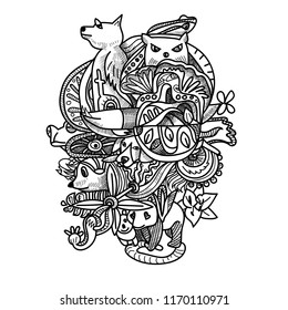 Drawing doodle of animals ,flower and abstract shape. drawing for relaxing or coloring book page. vector illustration