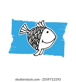 Drawing doodle cute fish on blue background. Vector illustration. Cute fish cartoon. Good for postcard, cover, t-shirt, poster.