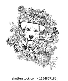 Drawing doodle of dog head with animals ,flower and abstract shape. drawing for relaxing or coloring book page. vector illustration