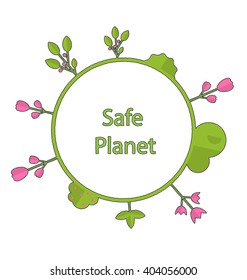 Drawing doodle frame in form circle green earth on surface tree, plant, flower and bush intro cry text safe planet - vector