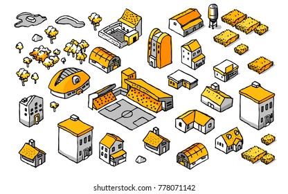 Drawing Doodle Isometric Building Set in Unique Black and yellow style.