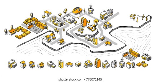 Drawing Doodle Isometric Building Set in Unique Black and yellow style.