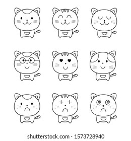 Drawing doodle outline cat collection set in different face character isolated on white background.Cartoon pet for your design.Vector.Illustration.You can editable.