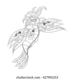 Drawing doodle parrot for coloring page, shirt design effect, logo, tattoo and decoration. Relaxing page, vector illustration