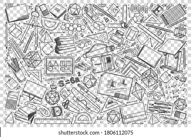 Drawing doodle set. Collection of hand drawn sketches templates drawing patterns of different tools stuff for drawing figures and geometry drafting . Creative occupation illustration.