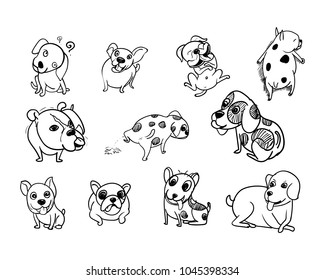 Drawing doodle set of dog on white background