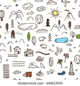 Drawing doodling topographic pattern map with different land elements. Cute and funny hand drawn illustration and background.