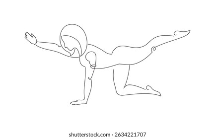 A drawing drawn by a line. A woman does Pilates or yoga.