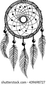 Drawing of a dreamcatcher with  feathers abd beads, in ethnic tribal stile,  black line art on white background