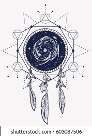 Drawing of a dreamcatcher with feathers and geometry in the background. Drawing of a galaxy and cosmos with planets, stars and comets inside dreamcatcher.  Boho style t-shirt design or boho tattoo art