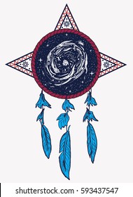 Drawing of dreamcatcher with a space and galaxy inside. T-shirt design or a tattoo about stars and exploration.