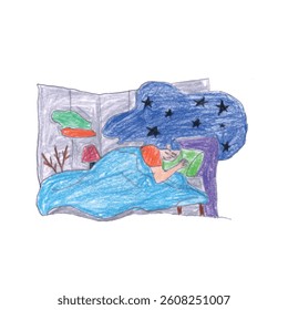 Drawing of a Dreaming Person in a Colorful Bedroom at Night   