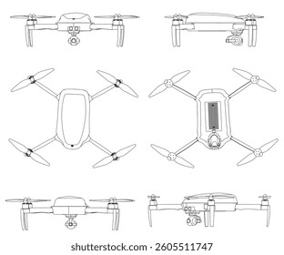 A drawing of a drone contour set. The drone is shown from the side, front, back, above view