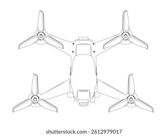 A drawing of a drone with four propellers. The drone is white and black