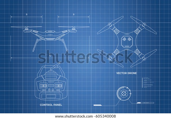 ドローンの図面 工業設計図コントロールパネル 正面図 上面図 ベクターイラスト のベクター画像素材 ロイヤリティフリー