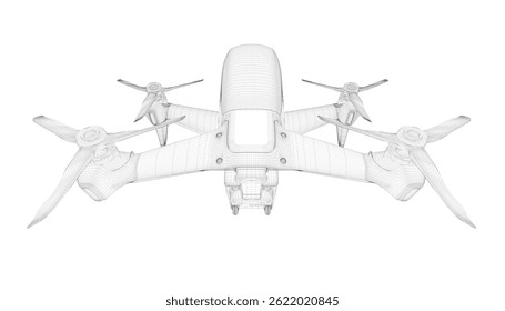 A drawing of a Drone with two propellers. The drawing is in black and white and is very detailed. The airplane is designed to fly in the air