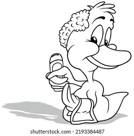 Drawing of a Duckling Holding a Shampoo and a Towel - Cartoon Illustration Isolated on White Background, Vector