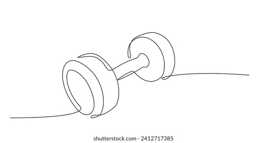 Drawing of dumbbell in continuous single line style. Sport equipment in linear style. Outline symbol for design of poster, banner. Sport, workout, wellness. Editable stroke. Vector doodle illustration