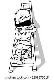 Drawing of a Dwarf Climbing a Ladder - Cartoon Illustration Isolated on White Background, Vector