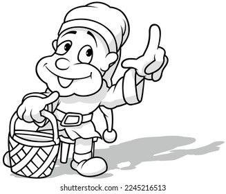 Drawing of a Dwarf Holding a Wicker Basket - Cartoon Illustration Isolated on White Background, Vector