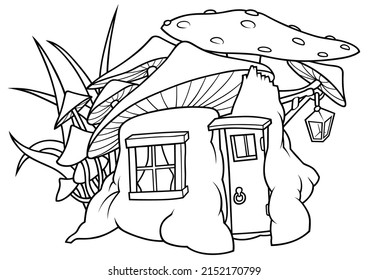 Drawing of a Dwarf House made of Stump and Mushrooms - Cartoon Illustration Isolated on White Background, Vector